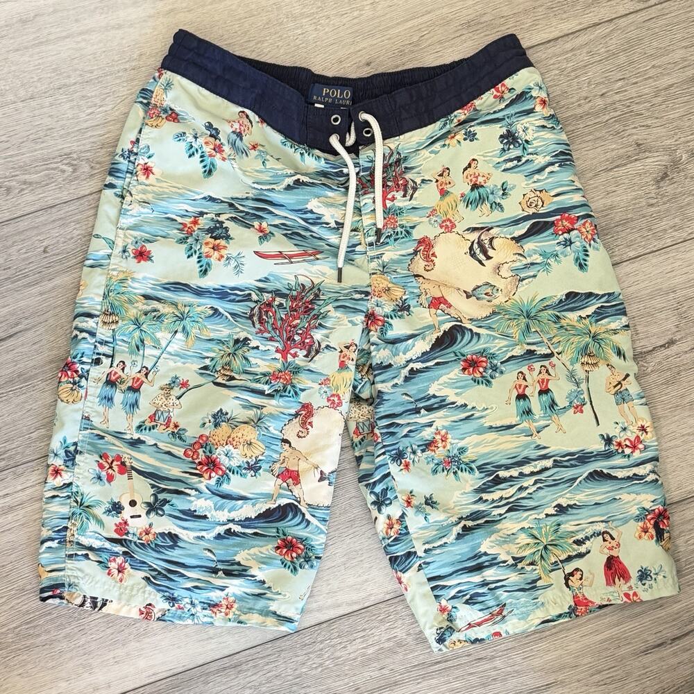 Polo Ralph Lauren Boys Drawstring Blue Swim Trunks Extra Large 18-20 Hawaiian